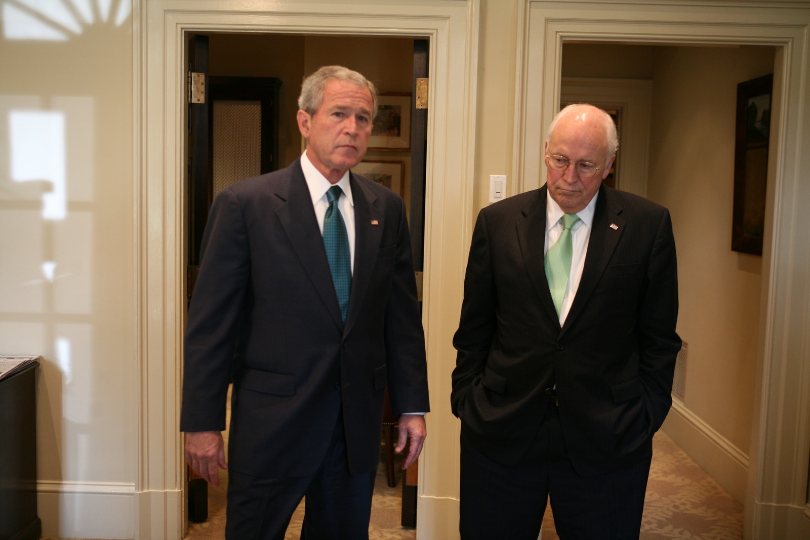 vp cheney: in outer oval with president bush before statement with cabinet.