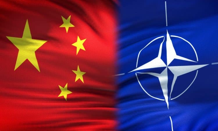 china and nato flags background, diplomatic and economic relations, security