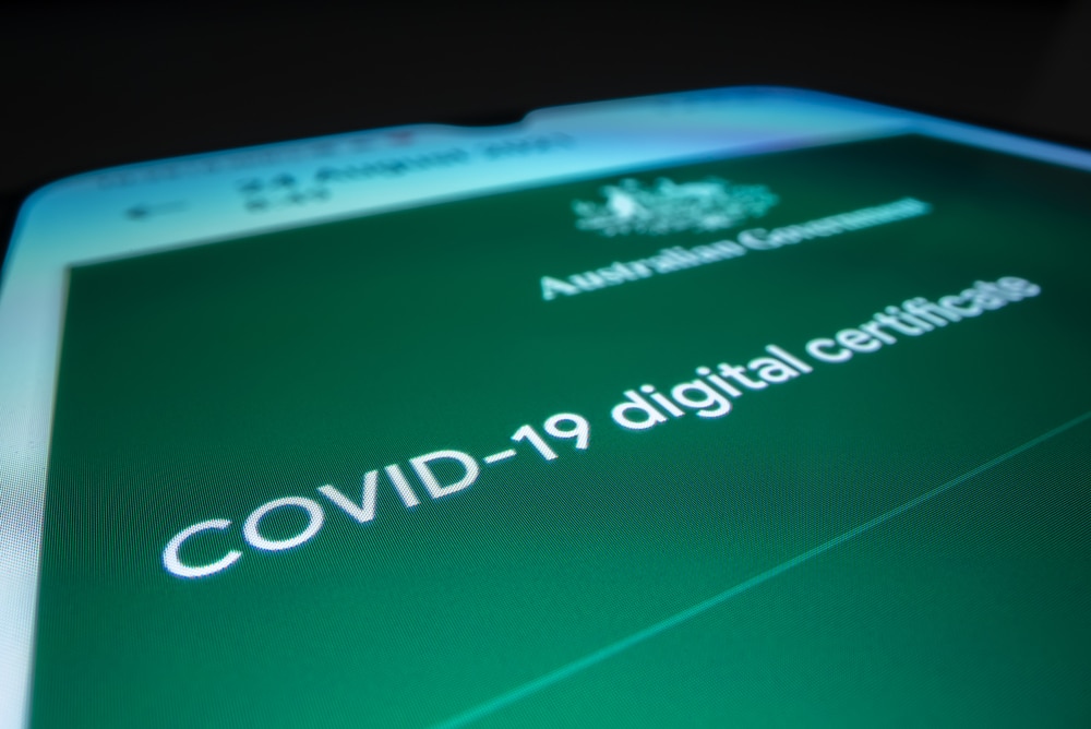 close up view of australian covid 19 digital certificate on a smartphone