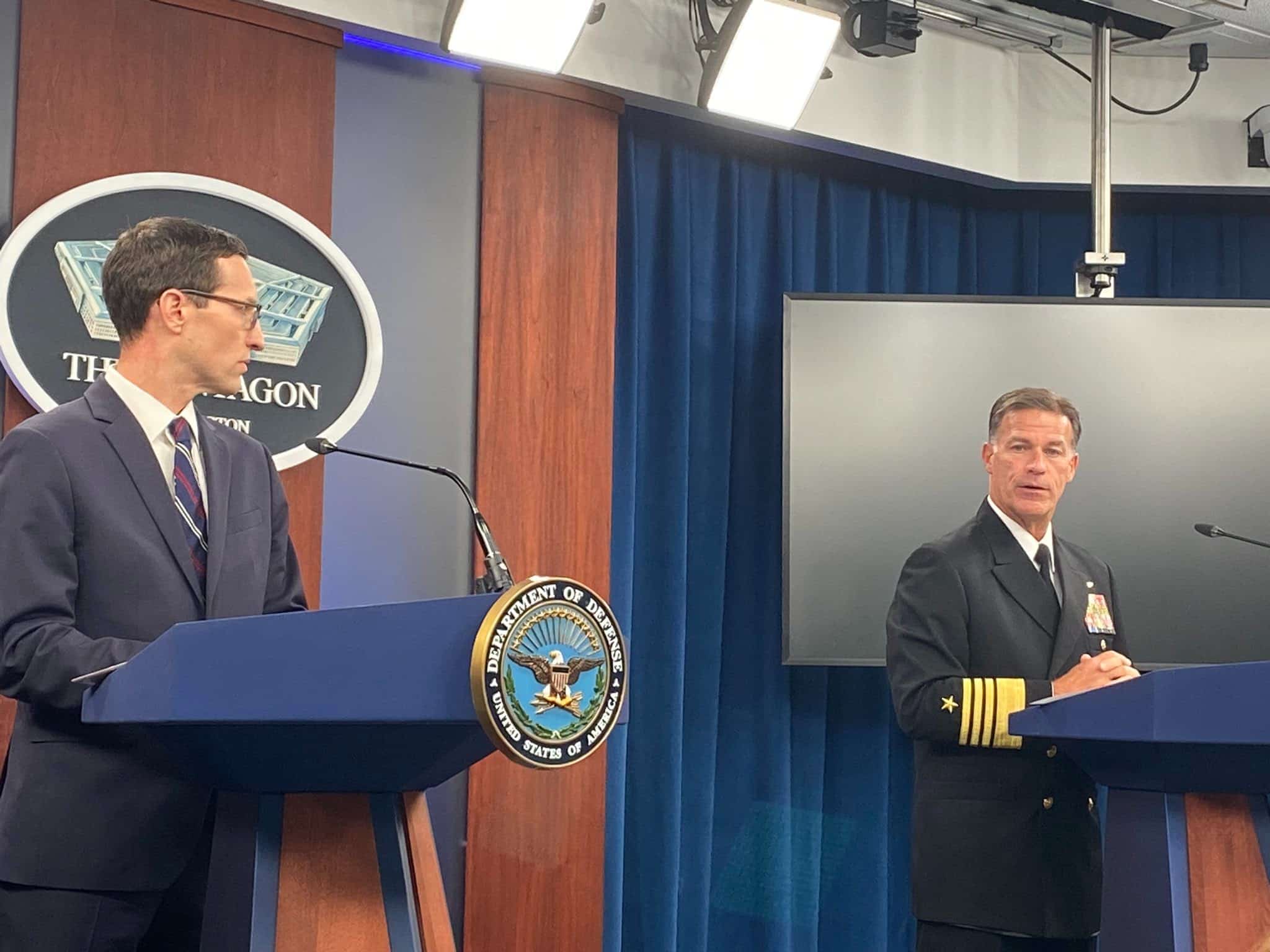 assistant defense secretary ely ratner and admiral john aquilino, commander of us indo pacific command, briefing the press at the pentagon