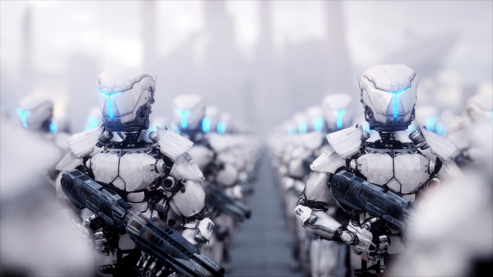 invasion of military robots. dramatic apocalypse super realistic concept. future. 3d rendering.